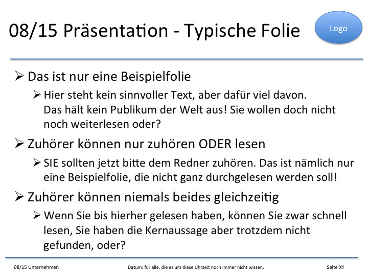 Slides of text - lots of text, no statement, otherwise known as a slide bombardment.
