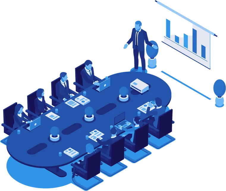 Illustration: a man presents a bar chart in a meeting room while the team sits around the conference table