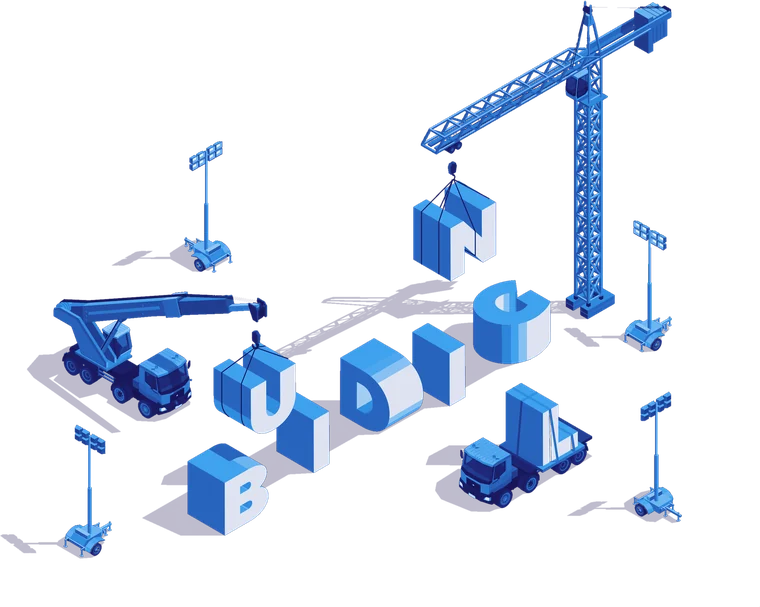 Illustration: construction cranes assemble letters into a story