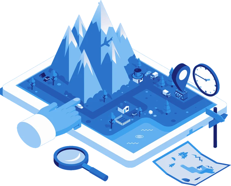 Illustration: a landscape with mountains, roads and houses grows out of a tablet