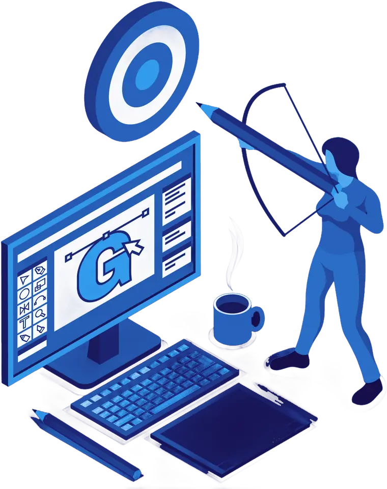 Illustration: Eine Designerin zielt mit einem Bleistift wie mit Pfeil und Bogen auf eine Zielscheibe, daneben ein Bildschirm mit Designsoftware